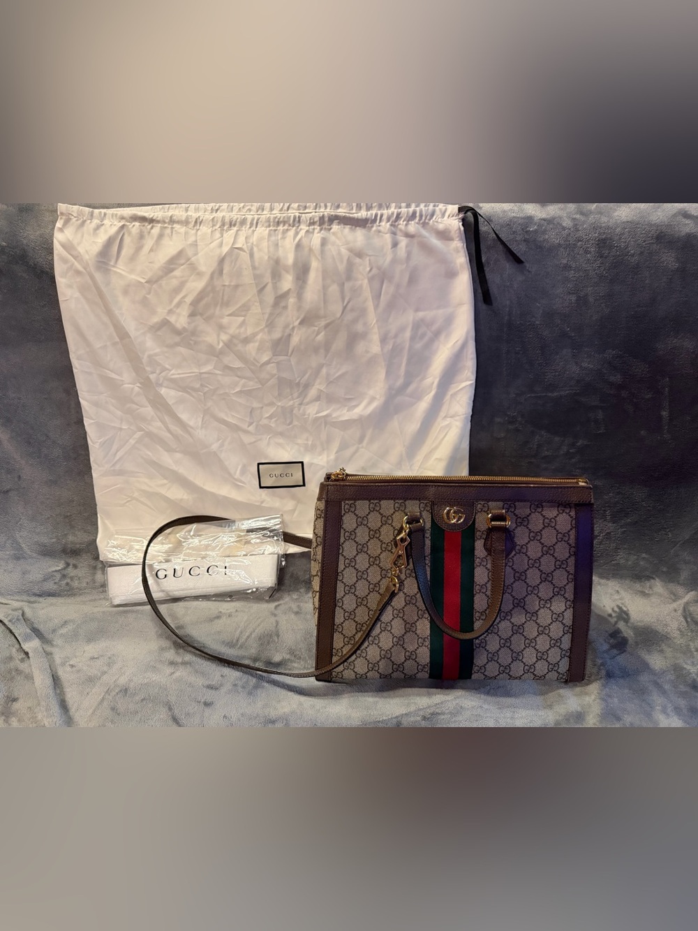 Gucci Medium Ophidia Top Handle Tote Crossbody Signature Monogram